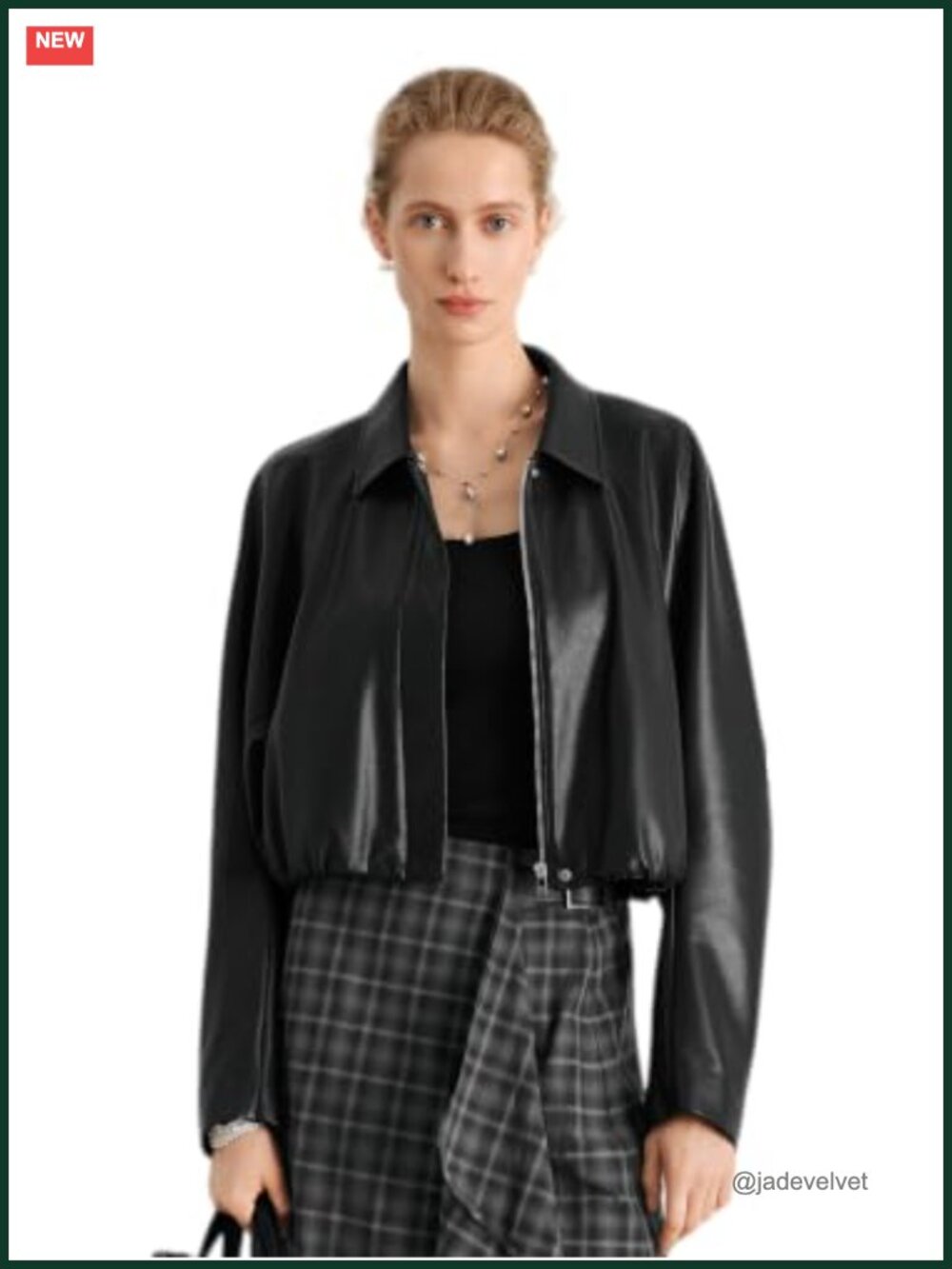 Faux Leather Cropped Jacket Elastic Hem Long Sleeve Coat